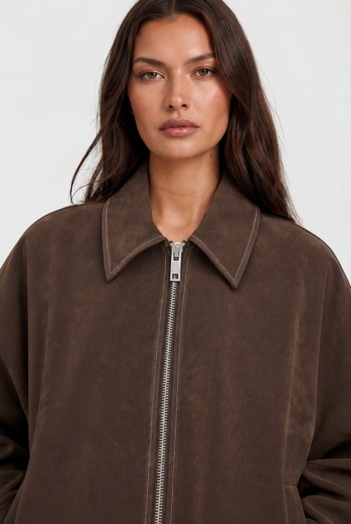 Mabel | Women's Short Suede-Effect Jacket, Brown Pointed-Collar Jacket | Bella Blue