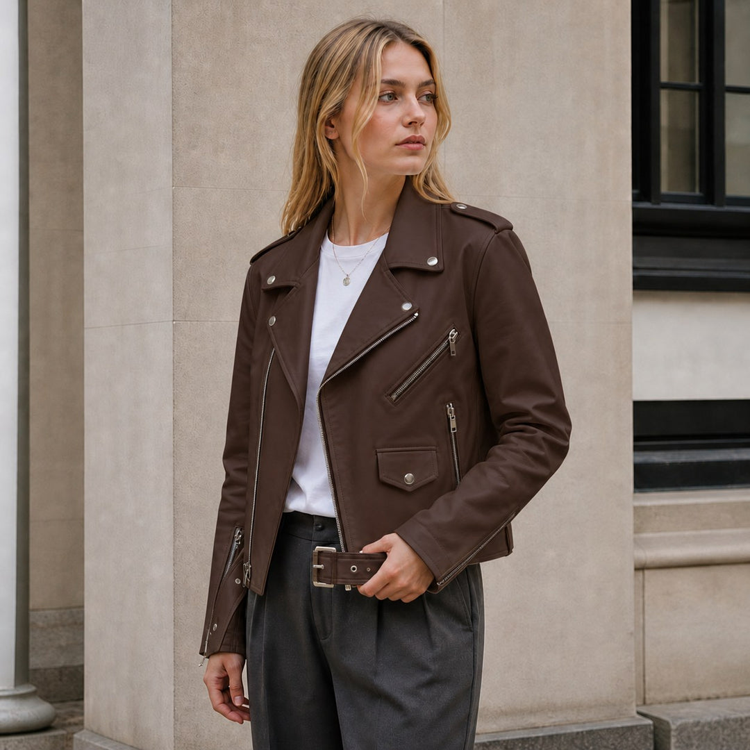 Mabel | Women's Vintage Leather Jacket, Fitted Zip Jacket | Bella Blue