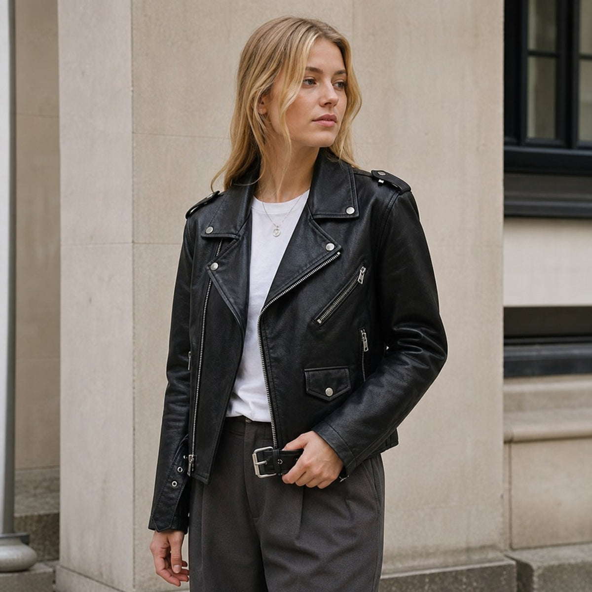 Mabel | Women's Vintage Leather Jacket, Fitted Zip Jacket | Bella Blue