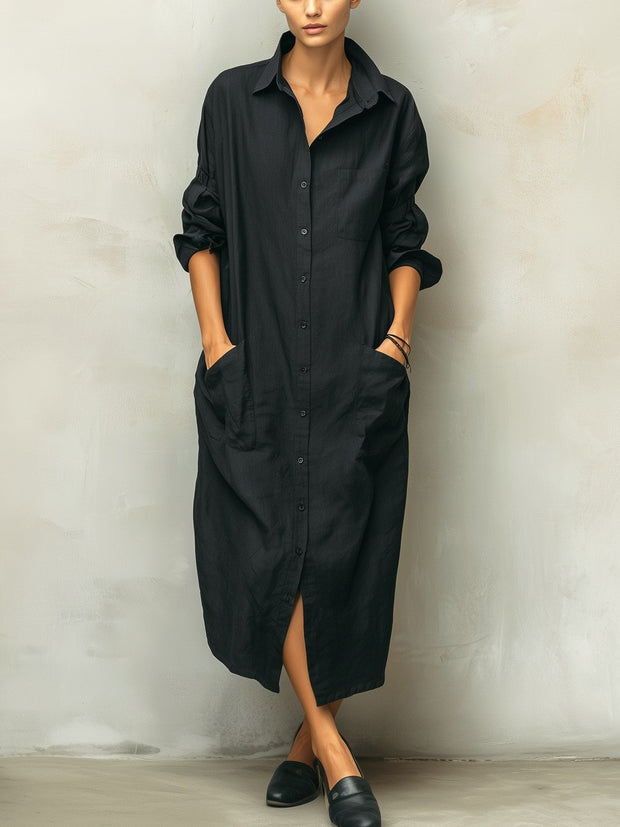 Mackenzie | Women's Black Cotton Linen Shirt Collar Dress
