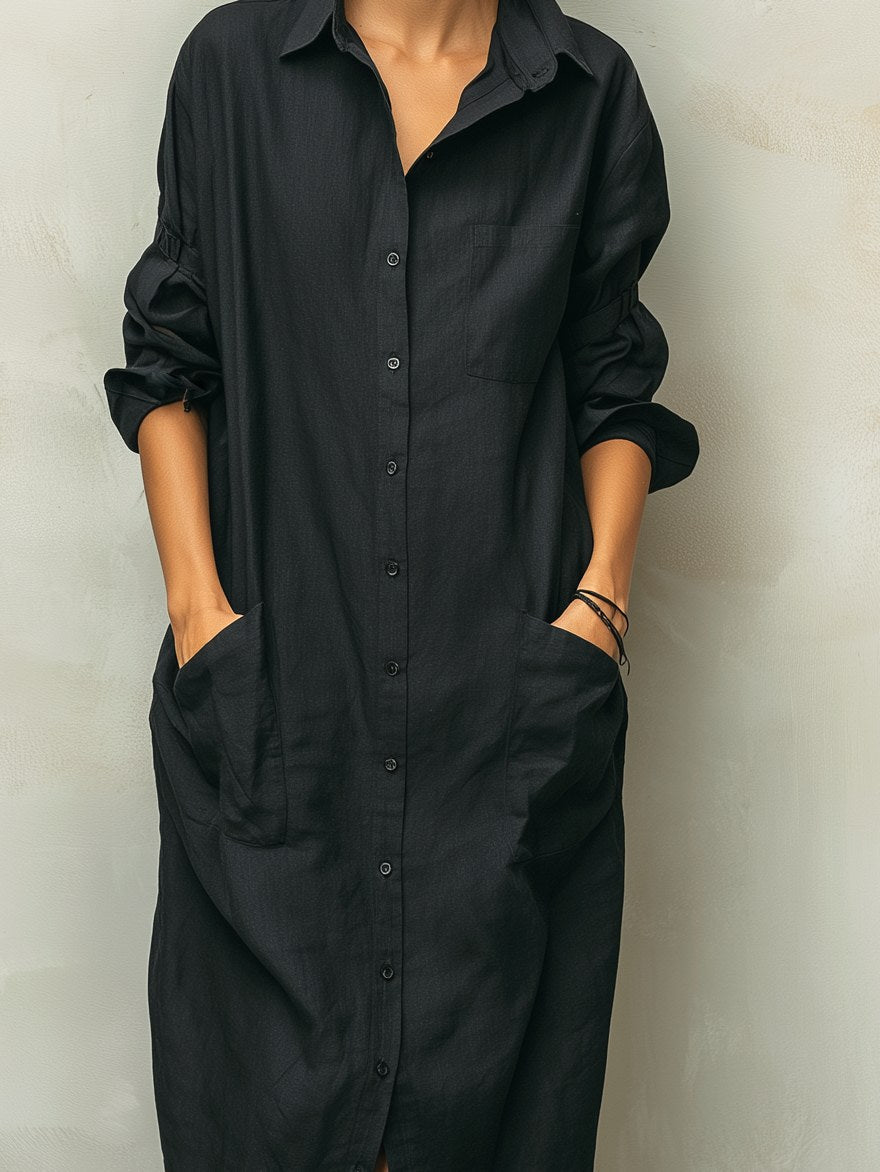 Mackenzie | Women's Black Cotton Linen Shirt Collar Dress