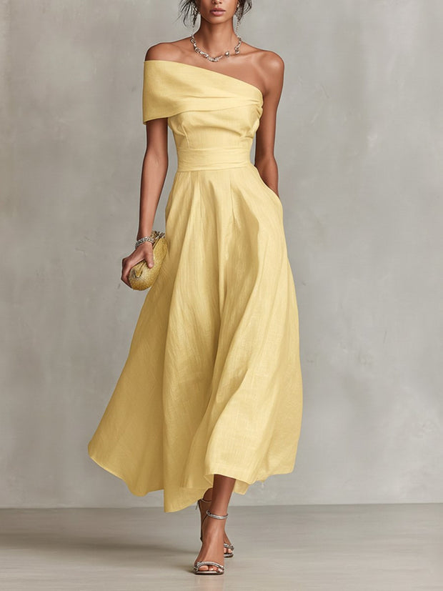 Madison | Women's Yellow Linen One-Shoulder Midi Dress - Yellow