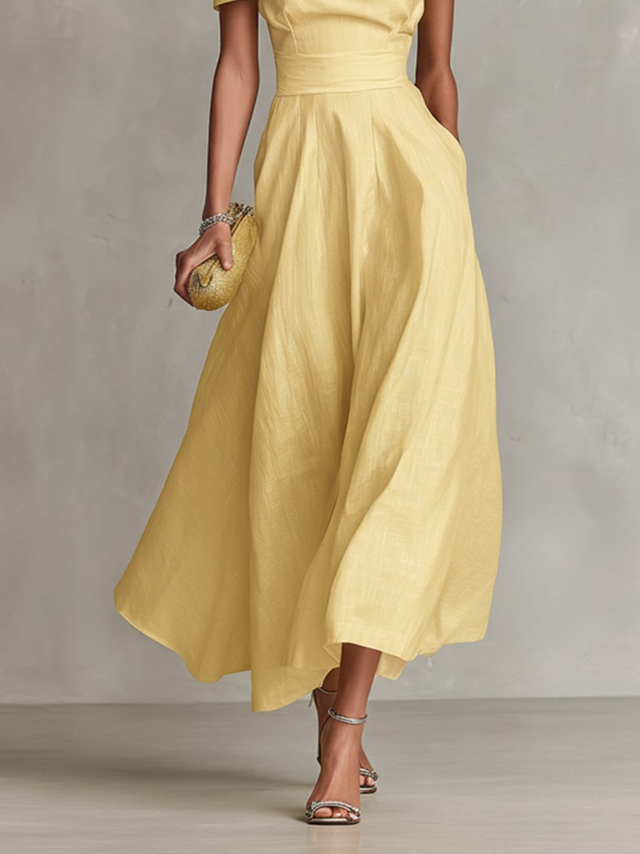 Madison | Women's Yellow Linen One-Shoulder Midi Dress - image 4