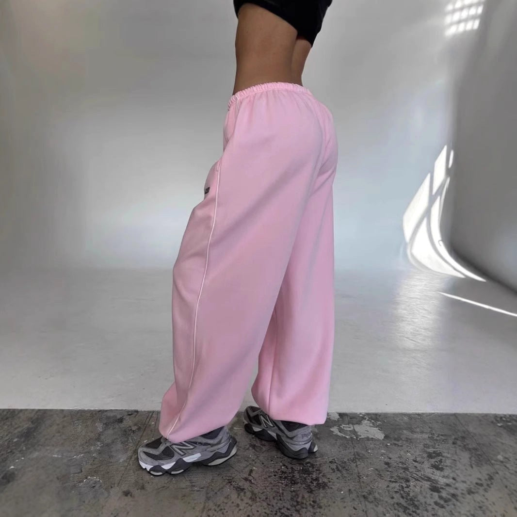 Maelle | Women's Baggy-Fit Sweatpants with Side Stripe, Wide-Leg Lounge Trousers | Bella Blue | Black