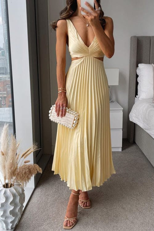 Maeva | Women's Pleated Satin Midi Dress, Flowing Evening Dress | Bella Blue
