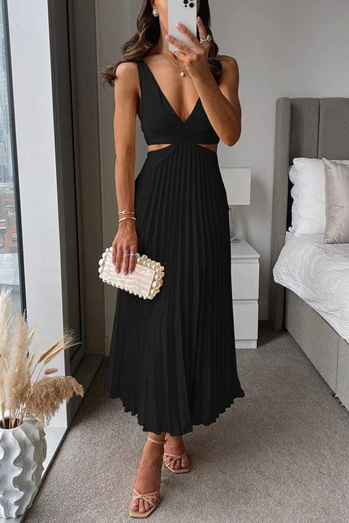 Maeva | Women's Pleated Satin Midi Dress, Flowing Evening Dress | Bella Blue