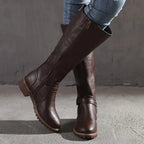 Maisie | Women's Knee-High Leather Boots, Side-Zip Block Heel Riding Boots | Bella Blue | Brown