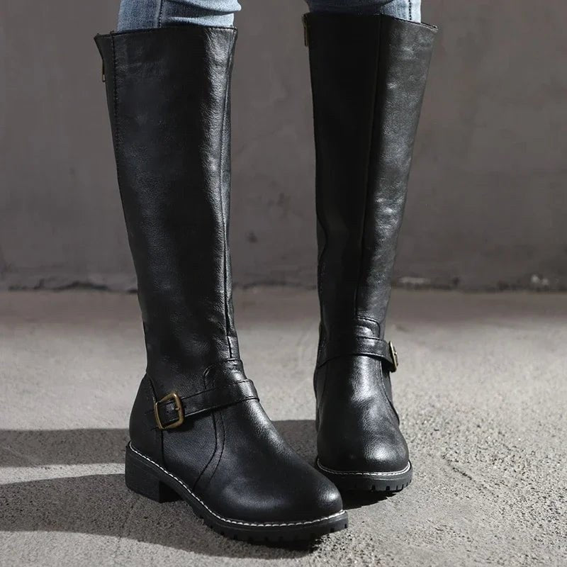 Maisie | Women's Knee-High Leather Boots, Side-Zip Block Heel Riding Boots | Bella Blue | Dark Brown