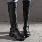 Maisie | Women's Knee-High Leather Boots, Side-Zip Block Heel Riding Boots | Bella Blue | Dark Brown