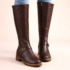Maisie | Women's Knee-High Leather Boots, Side-Zip Block Heel Riding Boots | Bella Blue