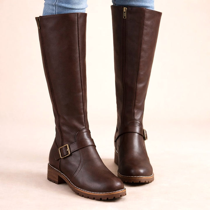 Maisie | Women's Knee-High Leather Boots, Side-Zip Block Heel Riding Boots | Bella Blue