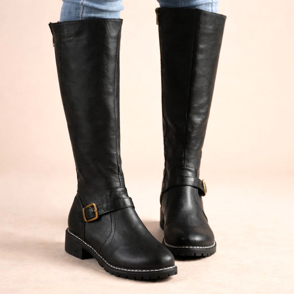 Maisie | Women's Knee-High Leather Boots, Side-Zip Block Heel Riding Boots | Bella Blue