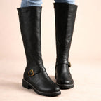 Maisie | Women's Knee-High Leather Boots, Side-Zip Block Heel Riding Boots | Bella Blue
