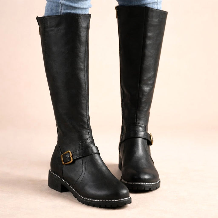 Maisie | Women's Knee-High Leather Boots, Side-Zip Block Heel Riding Boots | Bella Blue