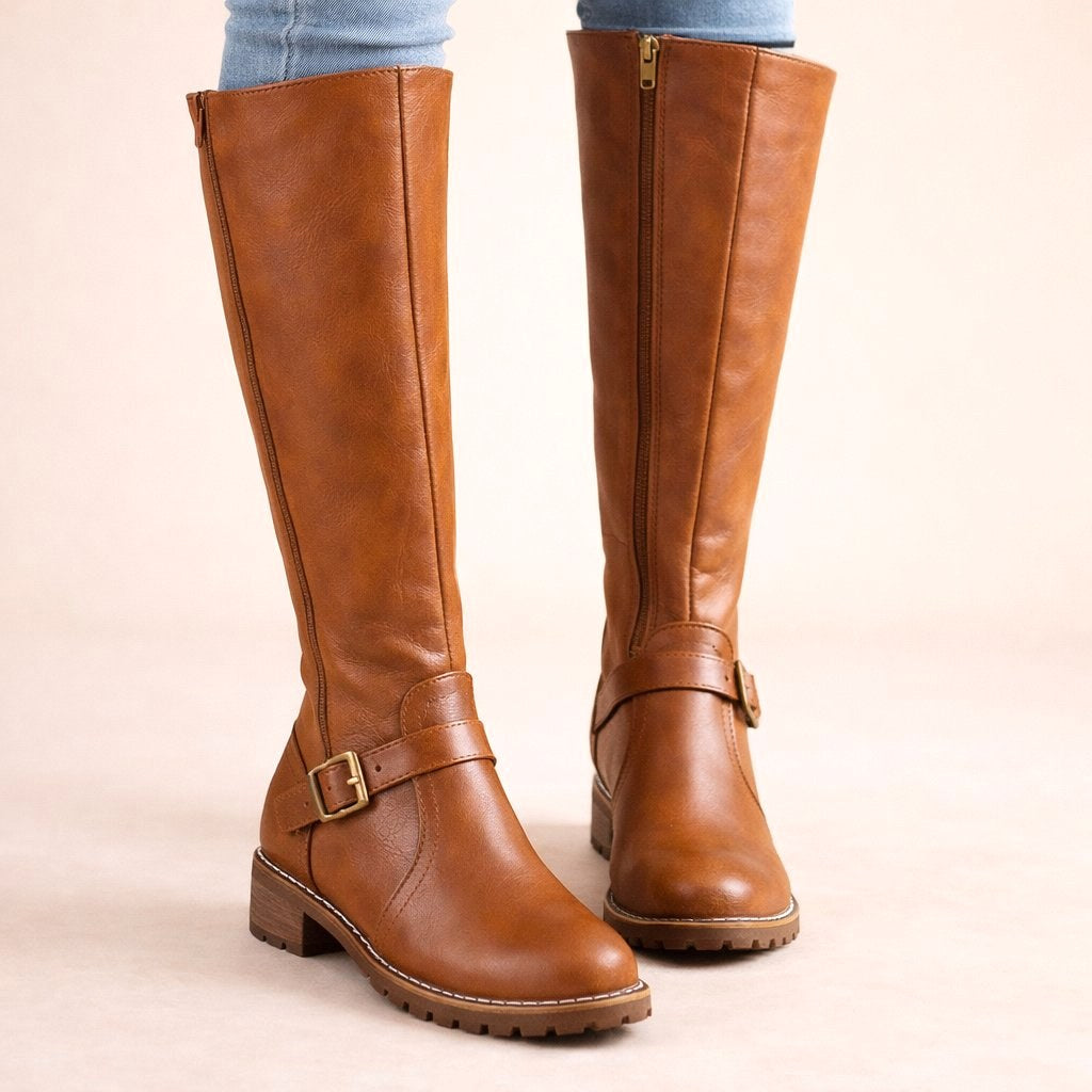 Maisie | Women's Knee-High Leather Boots, Side-Zip Block Heel Riding Boots | Bella Blue