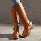 Maisie | Women's Knee-High Leather Boots, Side-Zip Block Heel Riding Boots | Bella Blue