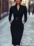 Maja | Women's Midi Dress with Belted Waist and Long Sleeves, Soft Knit Midi Dress | Bella Blue