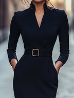 Maja | Women's Midi Dress with Belted Waist and Long Sleeves, Soft Knit Midi Dress | Bella Blue
