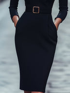 Maja | Women's Midi Dress with Belted Waist and Long Sleeves, Soft Knit Midi Dress | Bella Blue