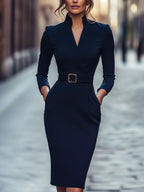 Maja | Women's Midi Dress with Belted Waist and Long Sleeves, Soft Knit Midi Dress | Bella Blue