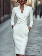 Maja | Women's Midi Dress with Belted Waist and Long Sleeves, Soft Knit Midi Dress | Bella Blue
