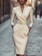 Maja | Women's Midi Dress with Belted Waist and Long Sleeves, Soft Knit Midi Dress | Bella Blue
