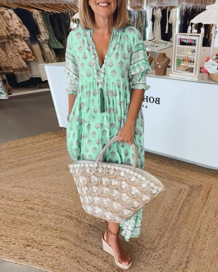 Mana | Women's Floral V-Neck Midi Dress - Green