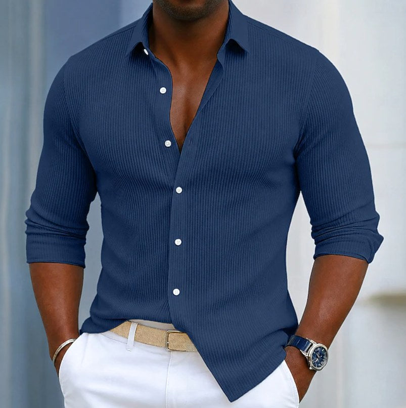 Marco | Men's Slim Fit Textured Henley Shirt, Contemporary Wrap-Neck Shirt | Bella Blue