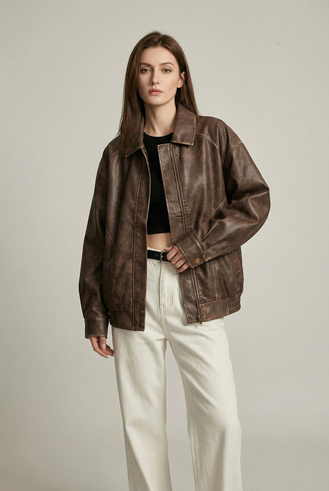 Margaux | Women's Oversized Faux Leather Jacket, Vintage Brown Outerwear | Bella Blue