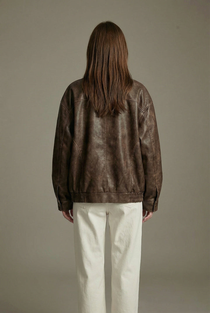 Margaux | Women's Oversized Faux Leather Jacket, Vintage Brown Outerwear | Bella Blue