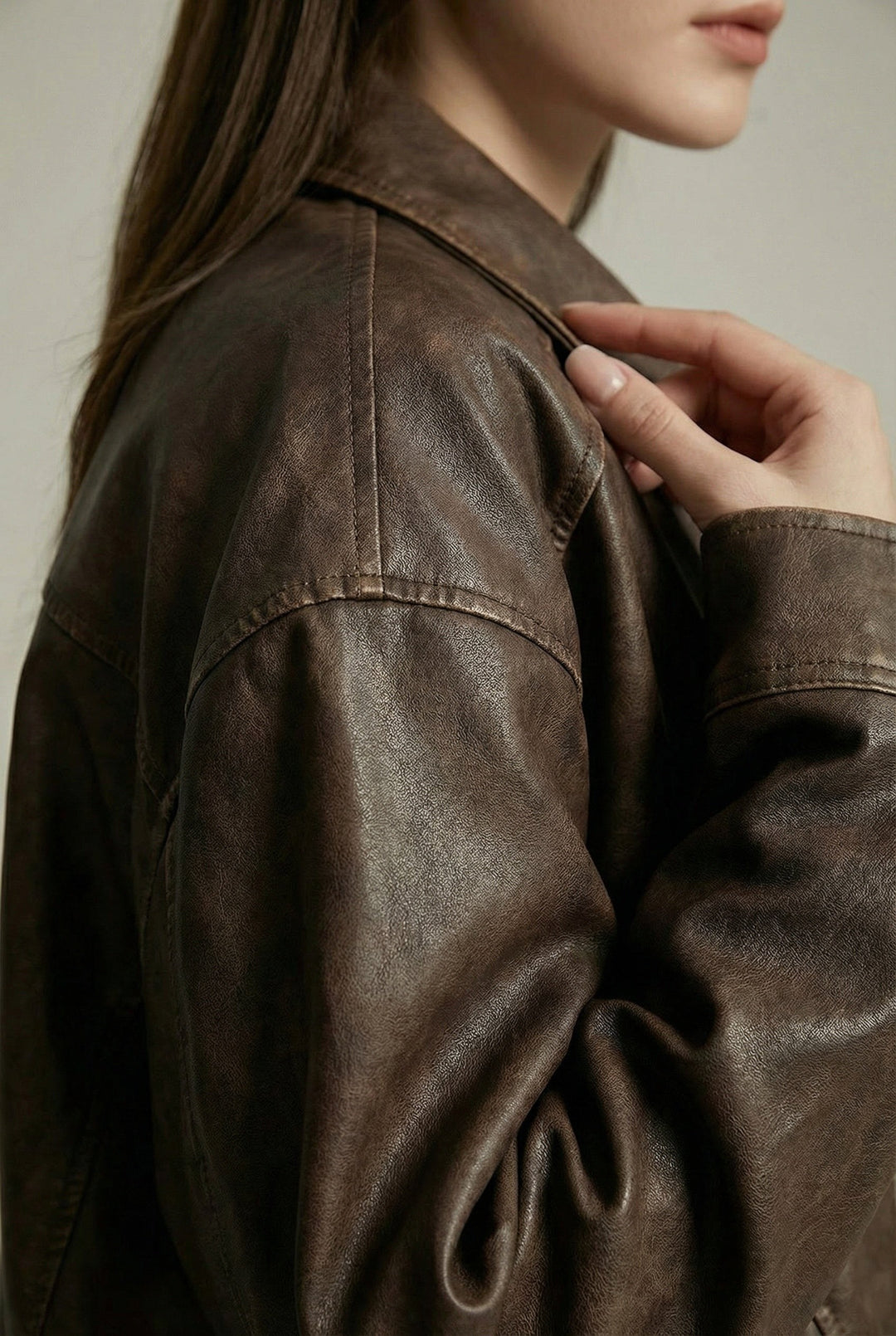 Margaux | Women's Oversized Faux Leather Jacket, Vintage Brown Outerwear | Bella Blue