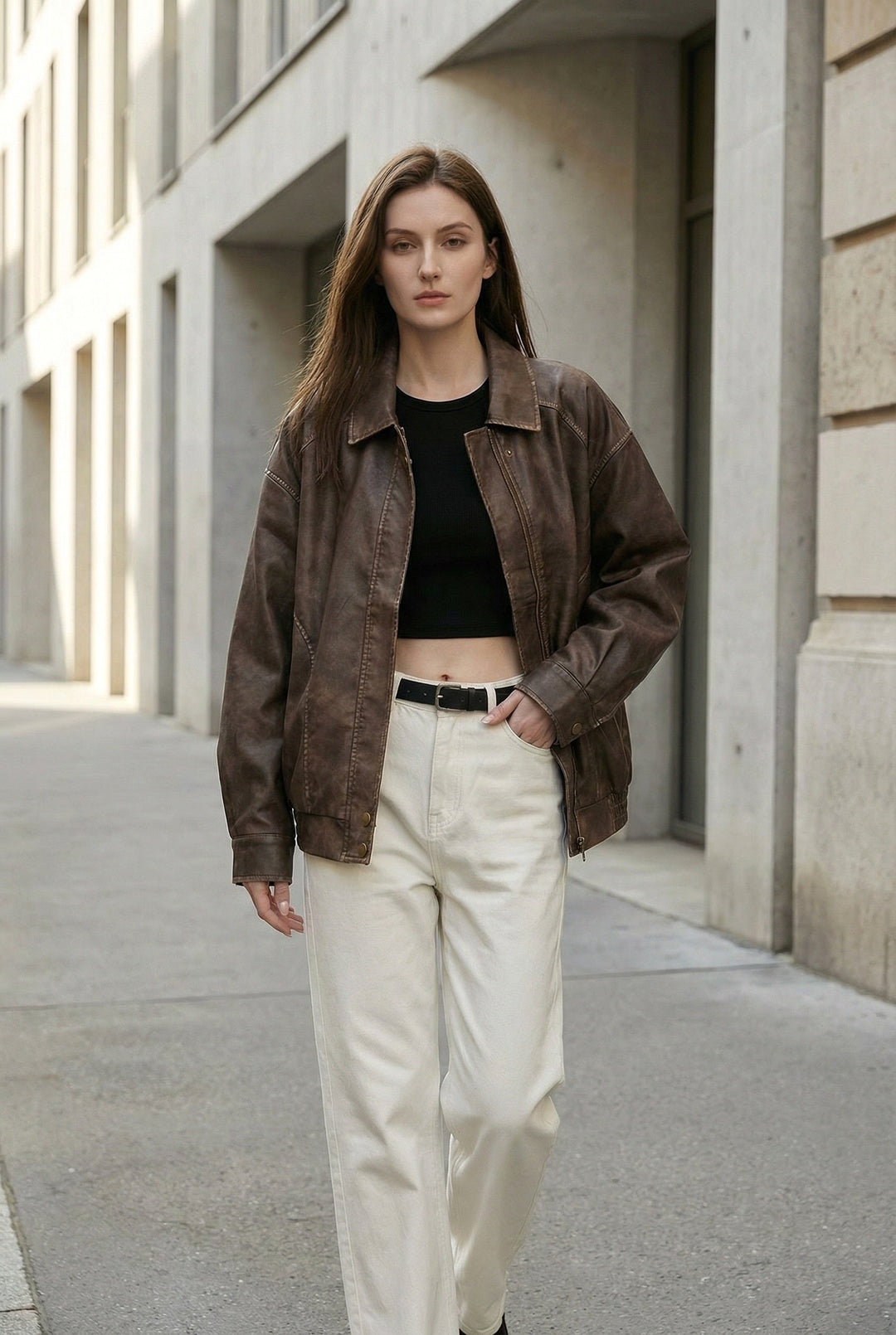Margaux | Women's Oversized Faux Leather Jacket, Vintage Brown Outerwear | Bella Blue