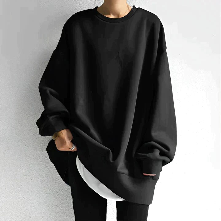 Marianne | Women's Oversized Crew Neck Tunic Sweater, Drop Shoulder Knitwear | Bella Blue | Black