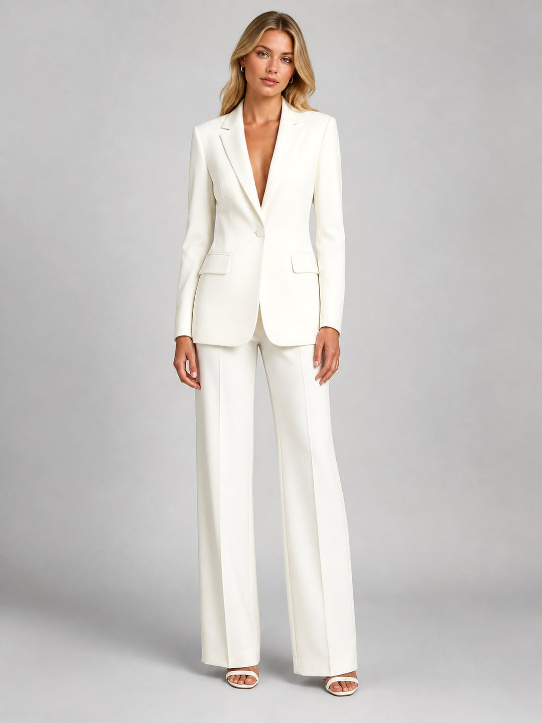 Martha | Women's Tailored Blazer and Wide-Leg Trousers Set, Smart Occasion Suit | Bella Blue | White