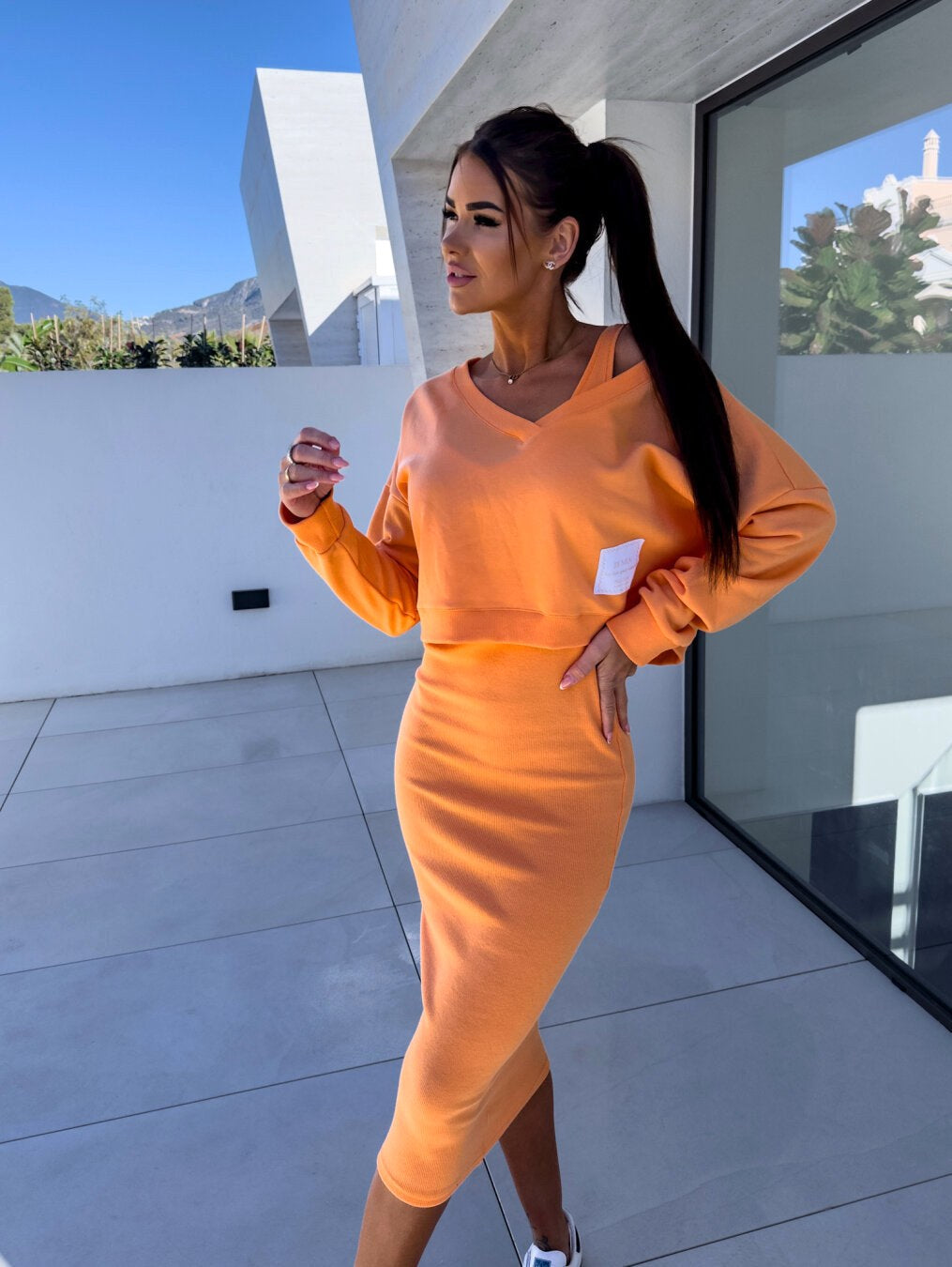 Mathilde | Women's Two-Piece Sweatshirt and Dress Set, Relaxed Layering Set | Bella Blue | Orange
