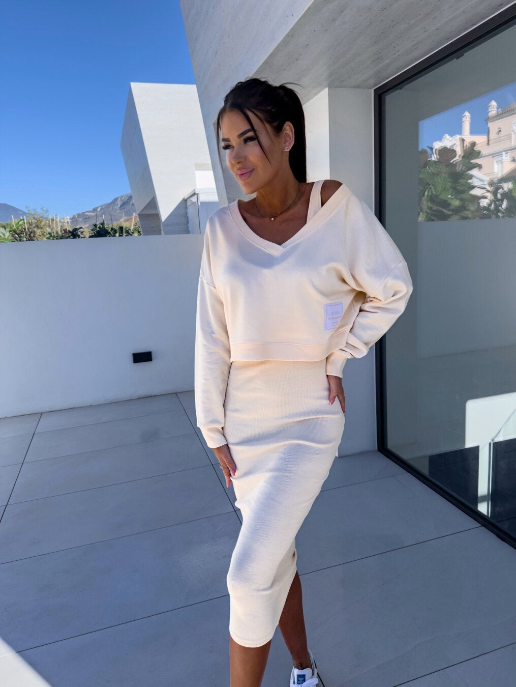 Mathilde | Women's Two-Piece Sweatshirt and Dress Set, Relaxed Layering Set | Bella Blue | Cream