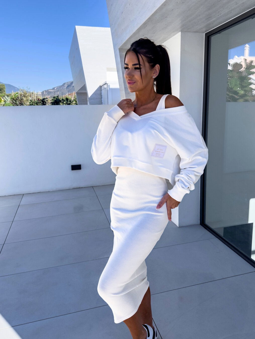 Mathilde | Women's Two-Piece Sweatshirt and Dress Set, Relaxed Layering Set | Bella Blue | White