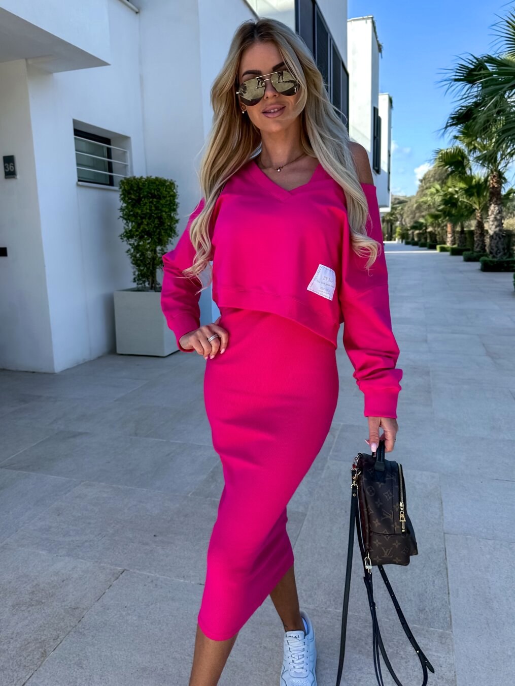 Mathilde | Women's Two-Piece Sweatshirt and Dress Set, Relaxed Layering Set | Bella Blue | Fuchsia