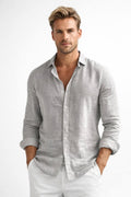 Matthew | Men's Linen Button-Down Shirt, Long Sleeve Relaxed Fit Shirt | Bella Blue | Grey