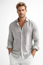 Matthew | Men's Linen Button-Down Shirt, Long Sleeve Relaxed Fit Shirt | Bella Blue | Grey