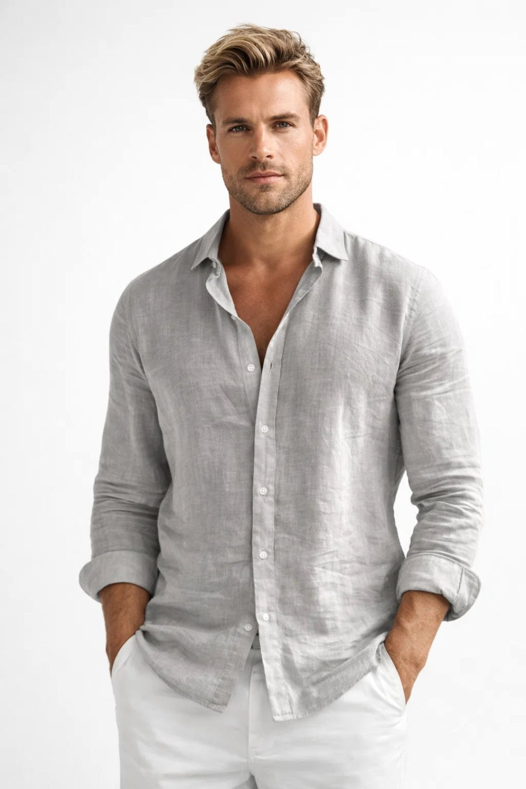 Matthew | Men's Linen Button-Down Shirt, Long Sleeve Relaxed Fit Shirt | Bella Blue | Grey