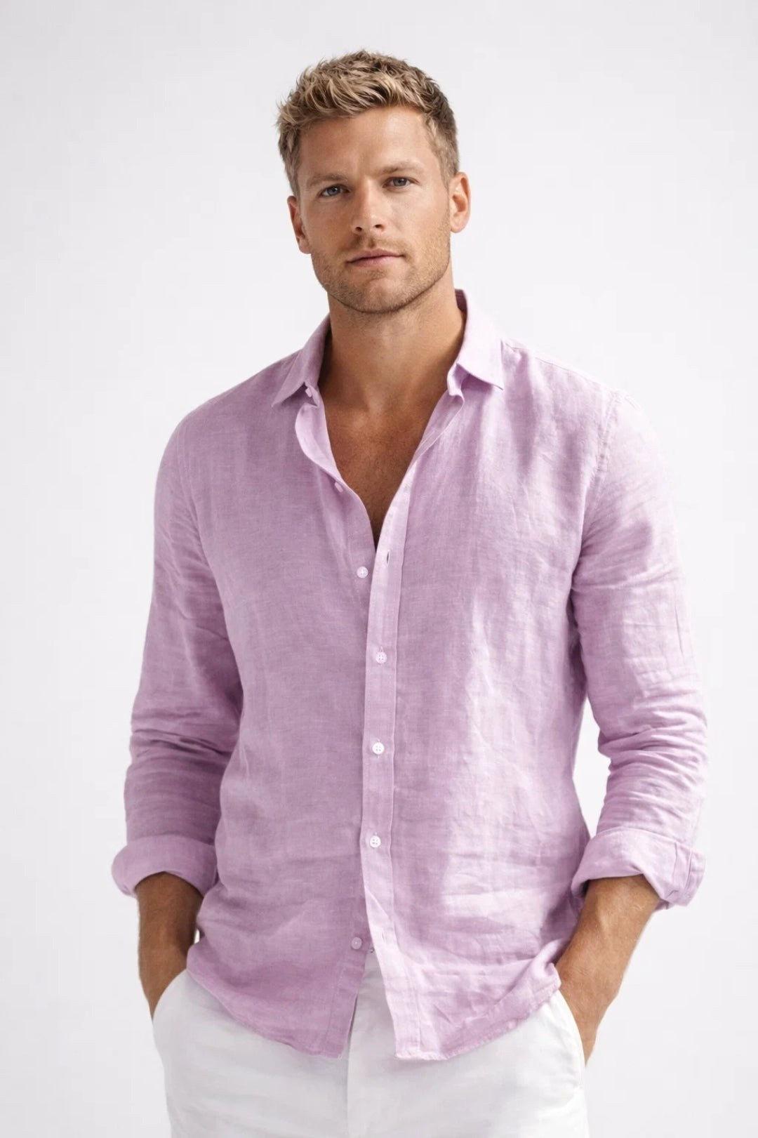 Matthew | Men's Linen Button-Down Shirt, Long Sleeve Relaxed Fit Shirt | Bella Blue | Pink