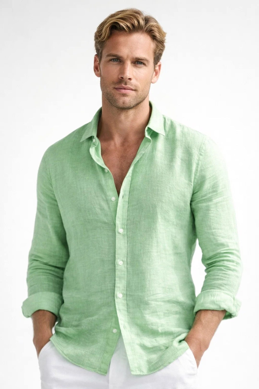 Matthew | Men's Linen Button-Down Shirt, Long Sleeve Relaxed Fit Shirt | Bella Blue | Green