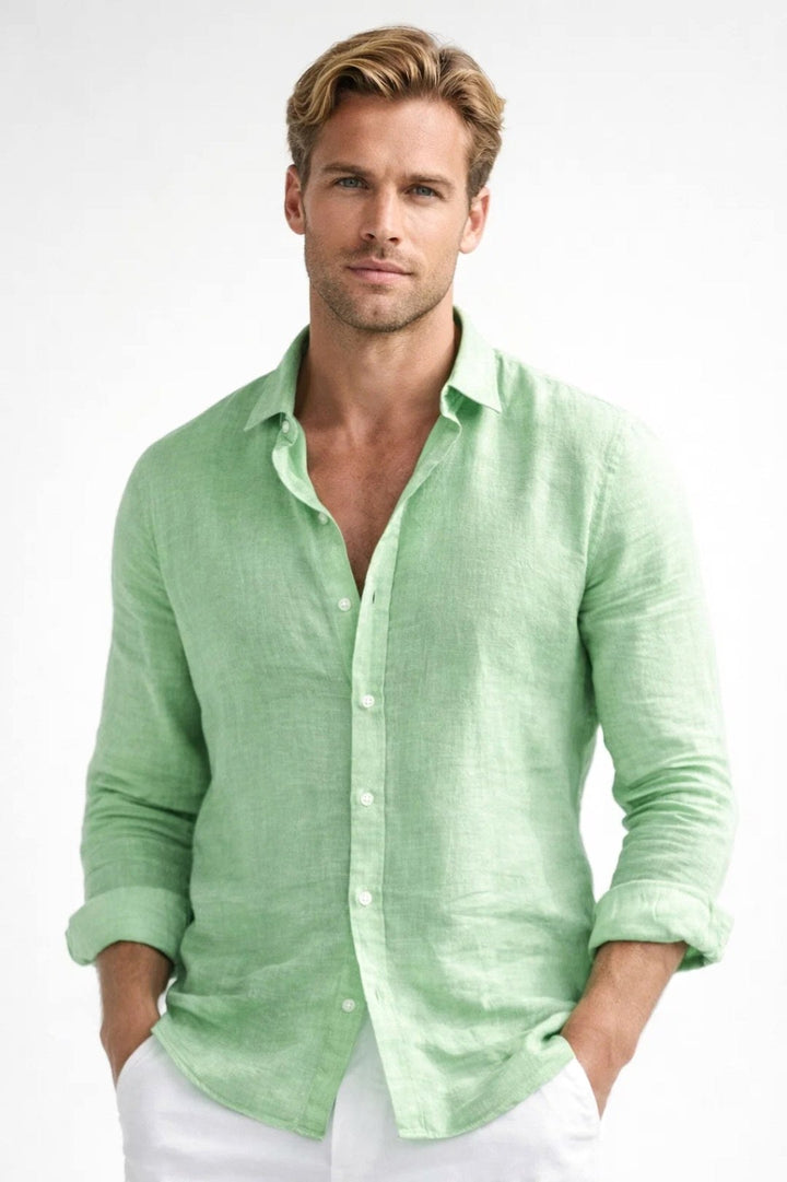 Matthew | Men's Linen Button-Down Shirt, Long Sleeve Relaxed Fit Shirt | Bella Blue | Green