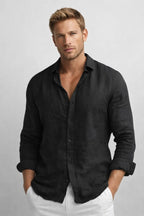 Matthew | Men's Linen Button-Down Shirt, Long Sleeve Relaxed Fit Shirt | Bella Blue | Black