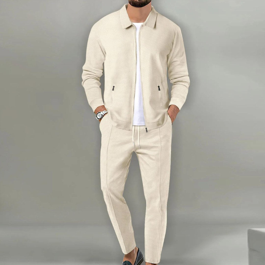Maximilian | Men's Tracksuit with Zip-Up Jacket, Two-Piece Loungewear Set | Bella Blue | Beige