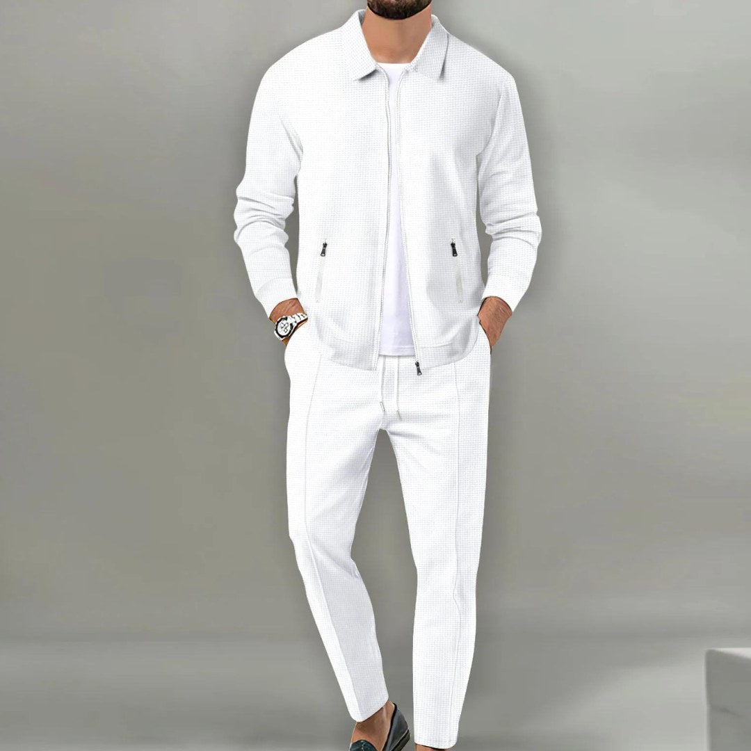Maximilian | Men's Tracksuit with Zip-Up Jacket, Two-Piece Loungewear Set | Bella Blue | Beige