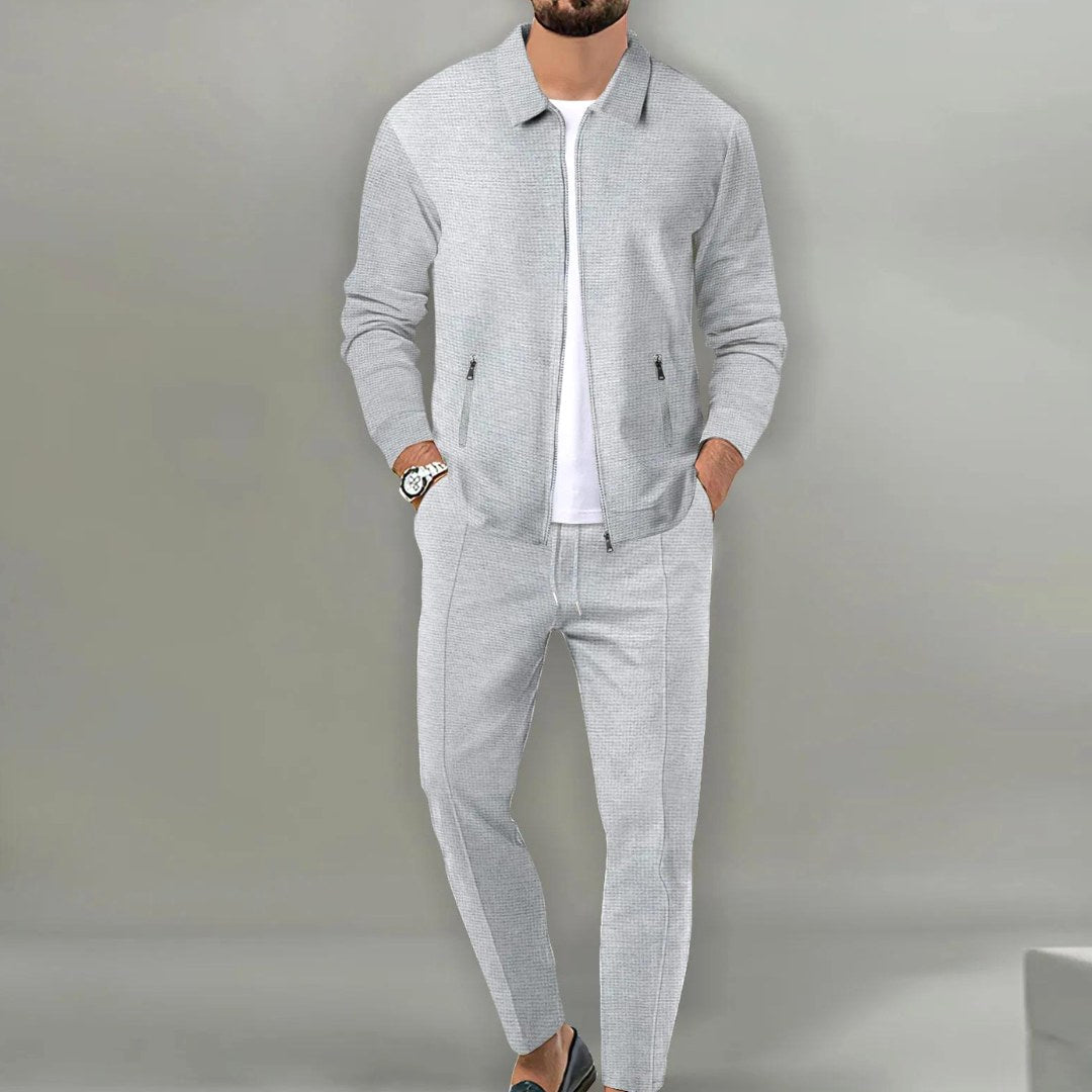 Maximilian | Men's Tracksuit with Zip-Up Jacket, Two-Piece Loungewear Set | Bella Blue | Beige