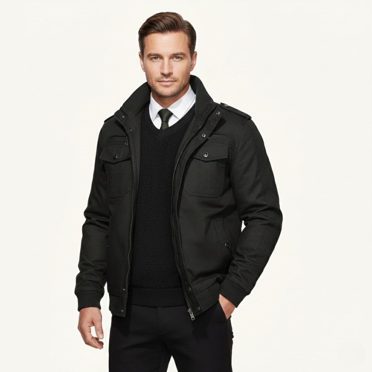 Maxwell | Men's Fleece-Lined Zip-Up Jacket, Military-Style Autumn Coat | Bella Blue