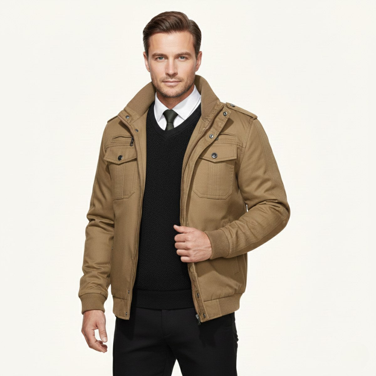 Maxwell | Men's Fleece-Lined Zip-Up Jacket, Military-Style Autumn Coat | Bella Blue